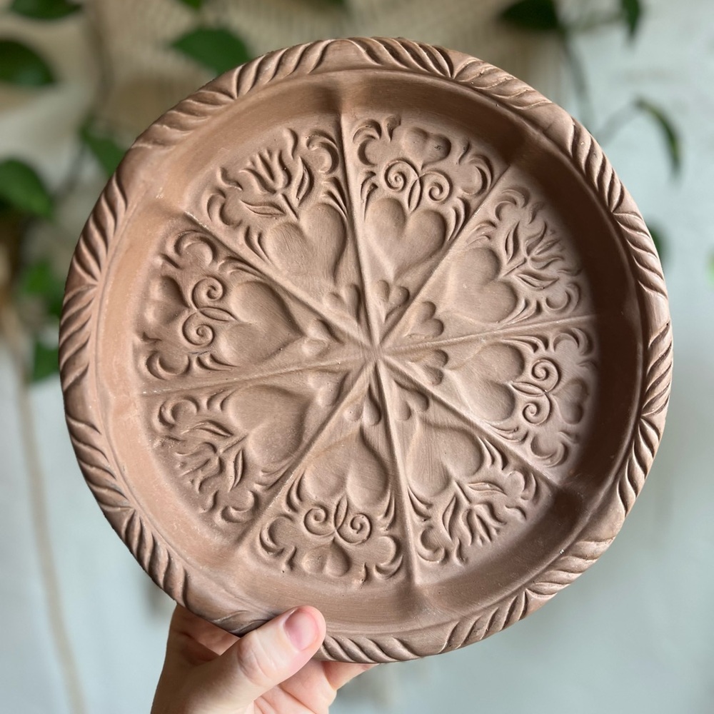 Vintage 1978 Handcrafted Terracotta Bread Warmer Plate Signed Pottery Boho Decor